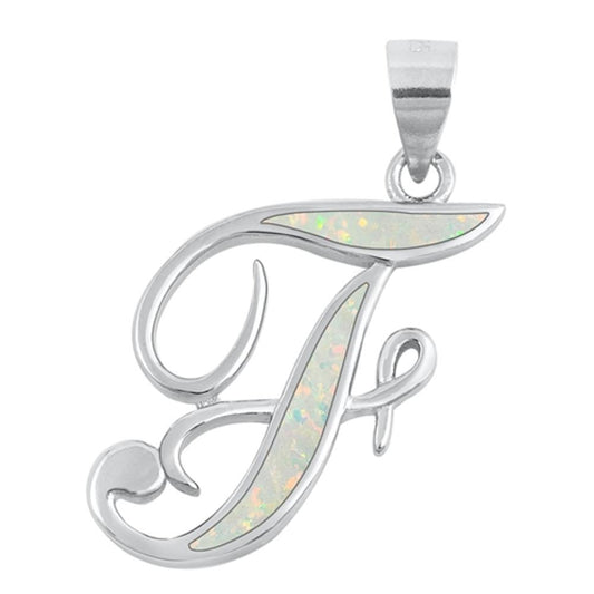 Sterling Silver Polished White Synthetic Opal Initial "F" Pendant Script Charm