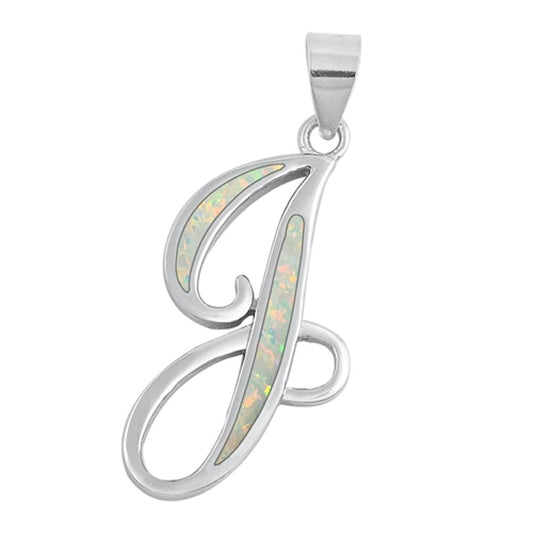 Sterling Silver Fashion White Synthetic Opal Initial "J" Pendant Script Charm