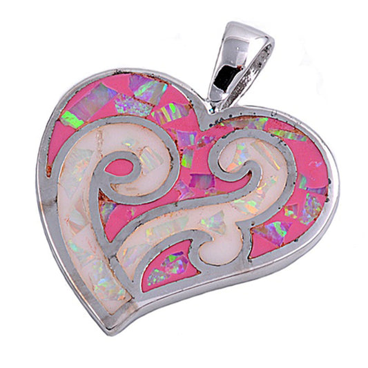 Sterling Silver Pink Synthetic Opal Mosaic Heart Pendant Love Swirl Charm 925