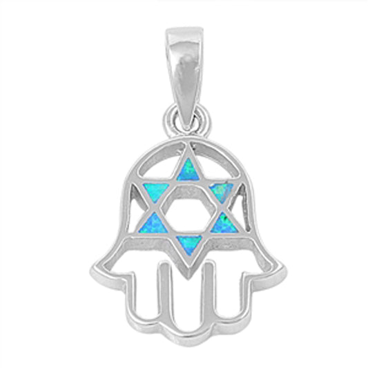 Hamsa Star of David Pendant Blue Simulated Opal .925 Sterling Silver Charm