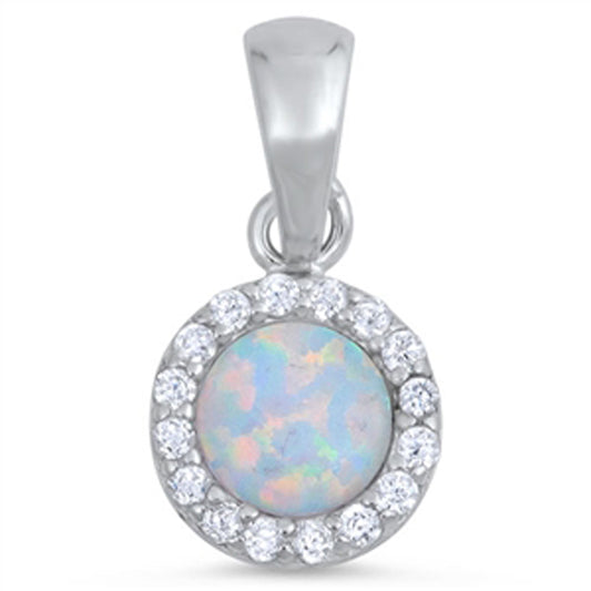 Sterling Silver Fancy Halo Circle Detailed White Simulated Opal Pendant Charm