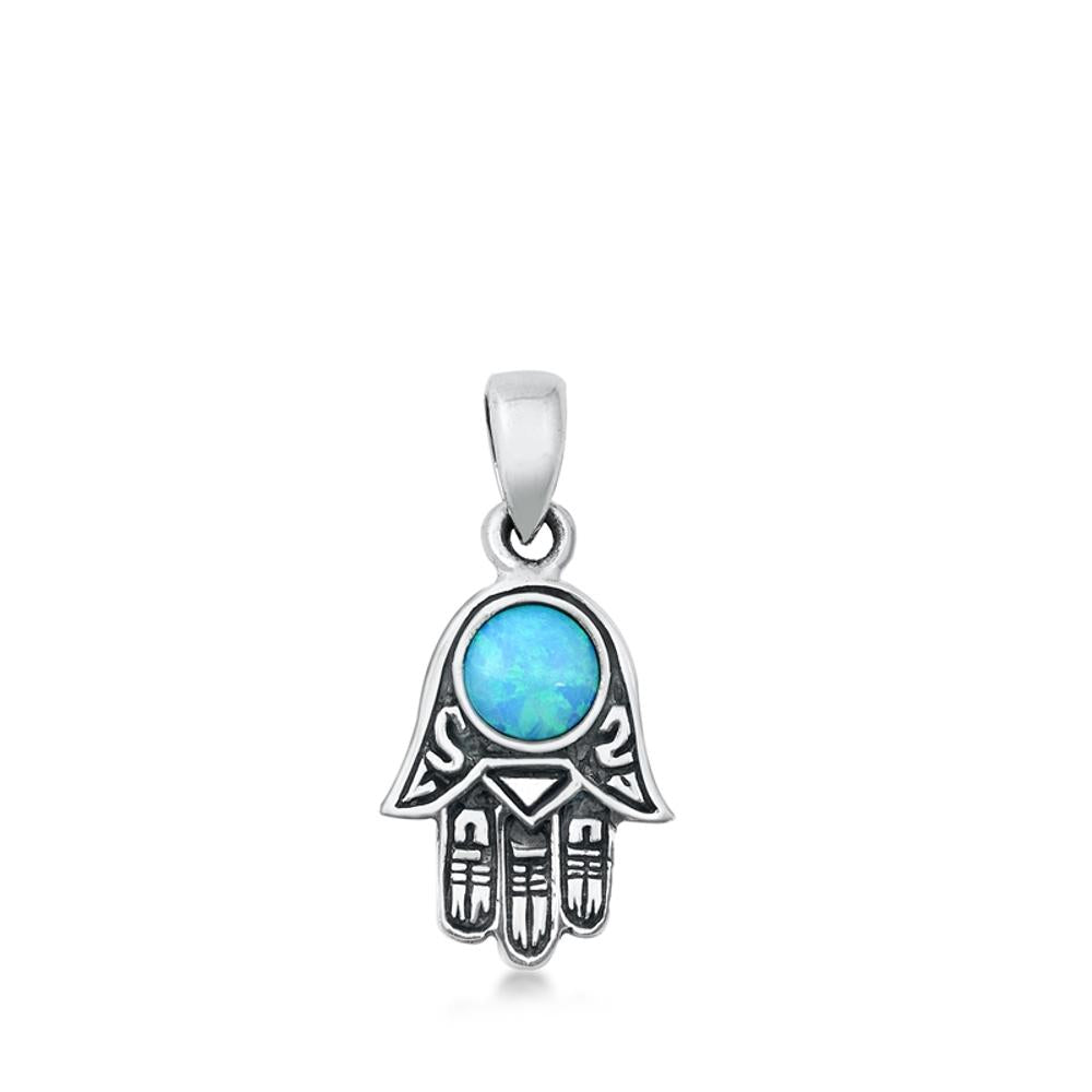 Sterling Silver Blue Synthetic Opal Boho Style Hamsa Pendant Hand of God Charm