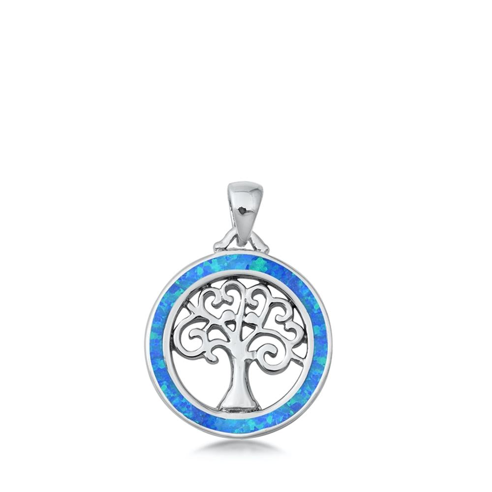Sterling Silver Blue Synthetic Opal Tree of Life Pendant Medallion Charm 925 New