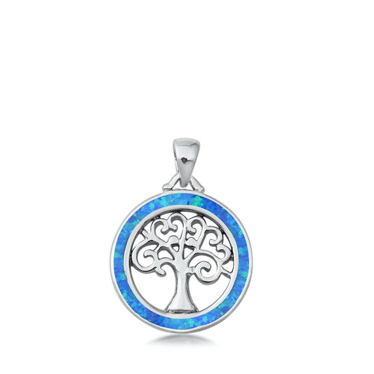 Sterling Silver Blue Synthetic Opal Tree of Life Pendant Medallion Charm 925 New