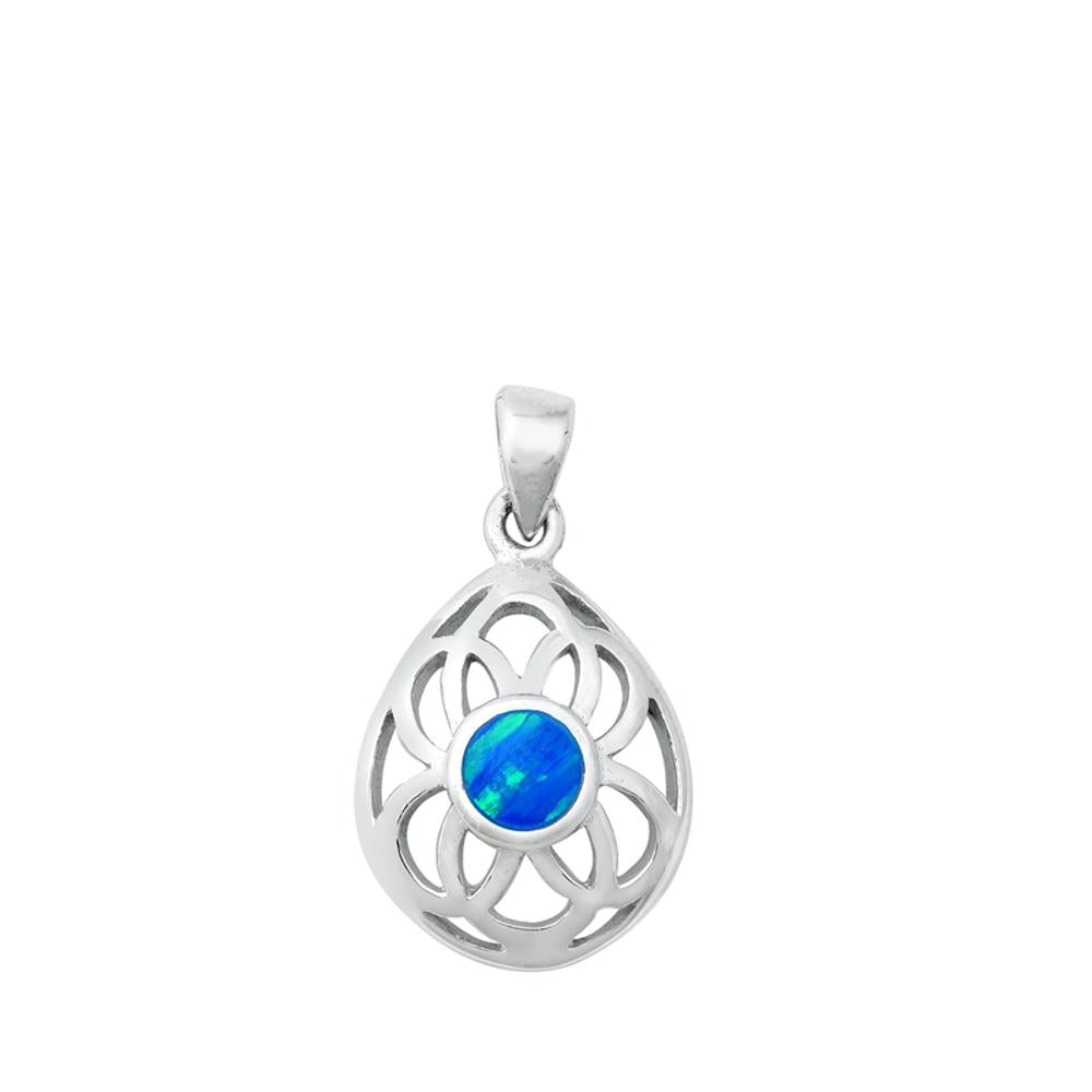 Sterling Silver Blue Synthetic Opal Flower Teardrop Pendant Swirl Endless Charm
