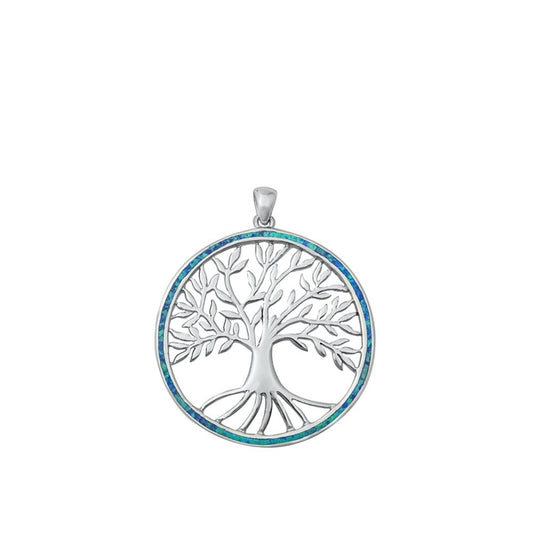 Sterling Silver Blue Synthetic Opal Tree of Life Pendant Medallion Branch Charm