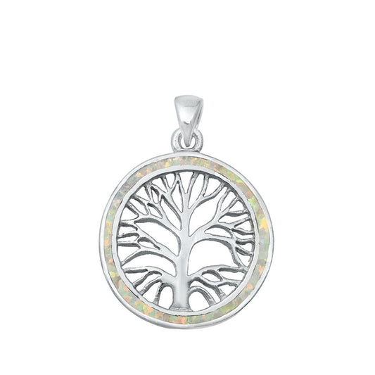 Sterling Silver White Synthetic Opal Tree of Life Medallion Pendant Mosaic Charm