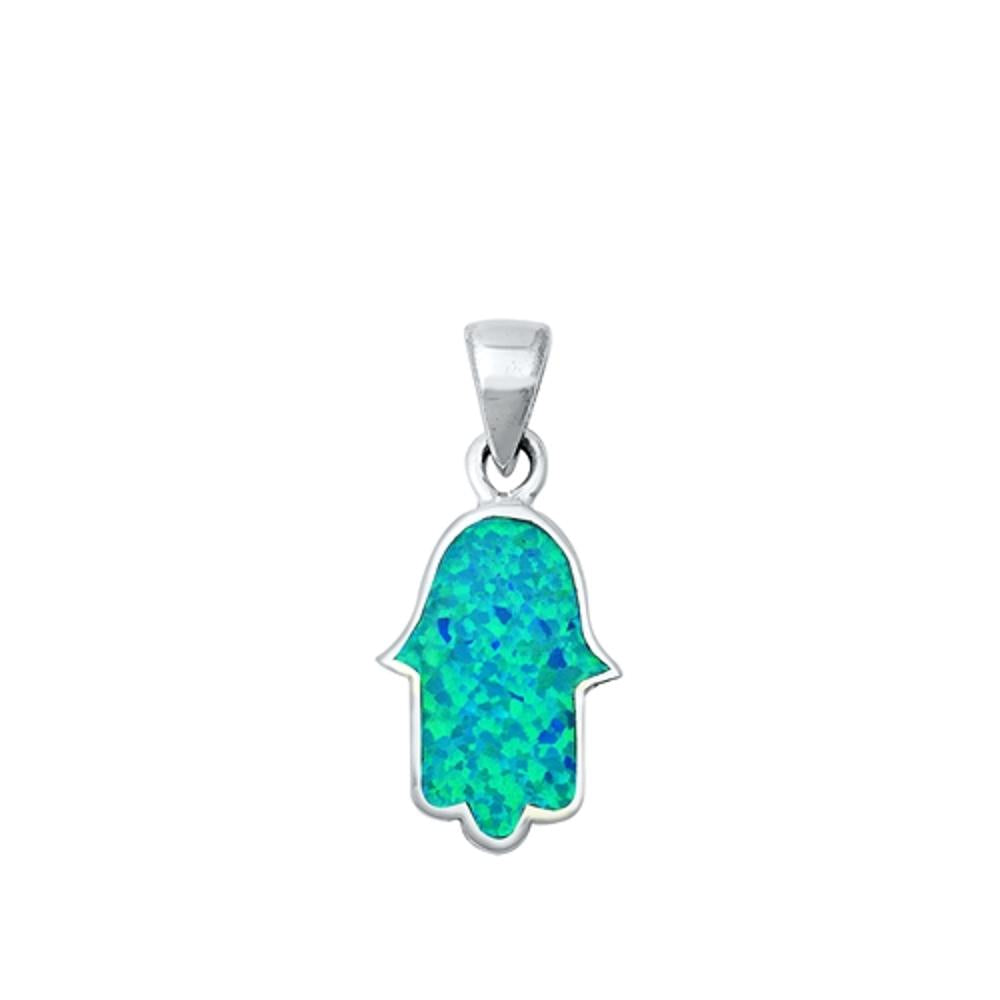 Sterling Silver Blue Synthetic Opal Hamsa Pendant Hand of God Minimalist Charm
