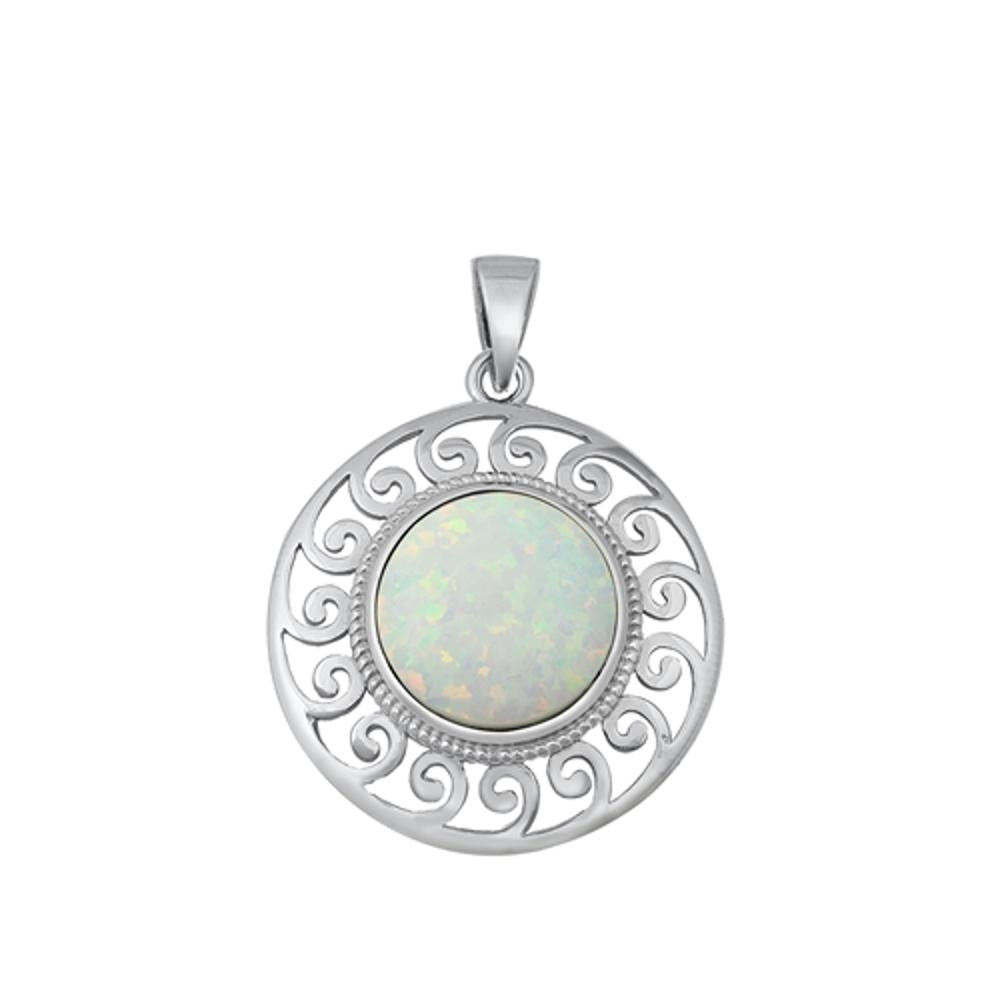 Sterling Silver White Synthetic Opal Sun Medallion Pendant Rope Halo Swirl Charm