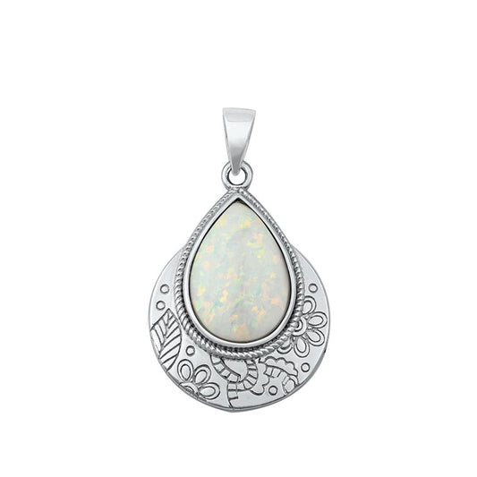 Sterling Silver White Synthetic Opal Etched Boho Drop Pendant Rope Halo Charm