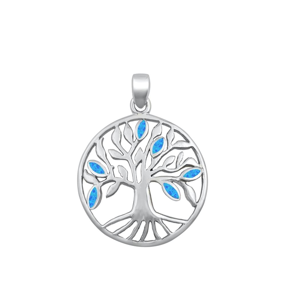 Sterling Silver Blue Synthetic Opal Tree of Life Pendant Leaf Branch Charm 925