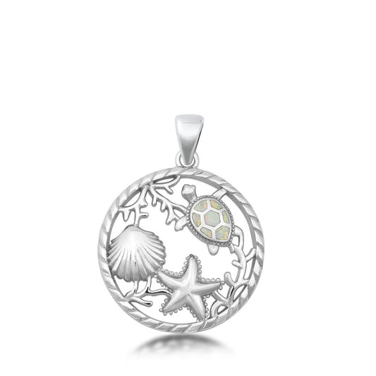Sterling Silver White Synthetic Opal Clam Sea Star Turtle Pendant Ocean Charm