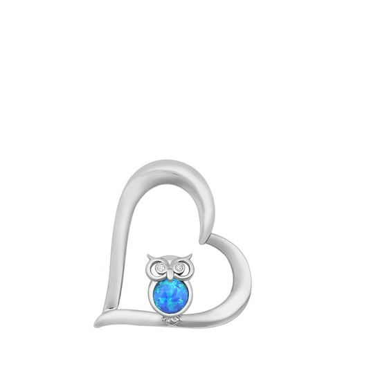 Sterling Silver Classic Blue Synthetic Opal Owl Pendant Love Heart Charm 925 New