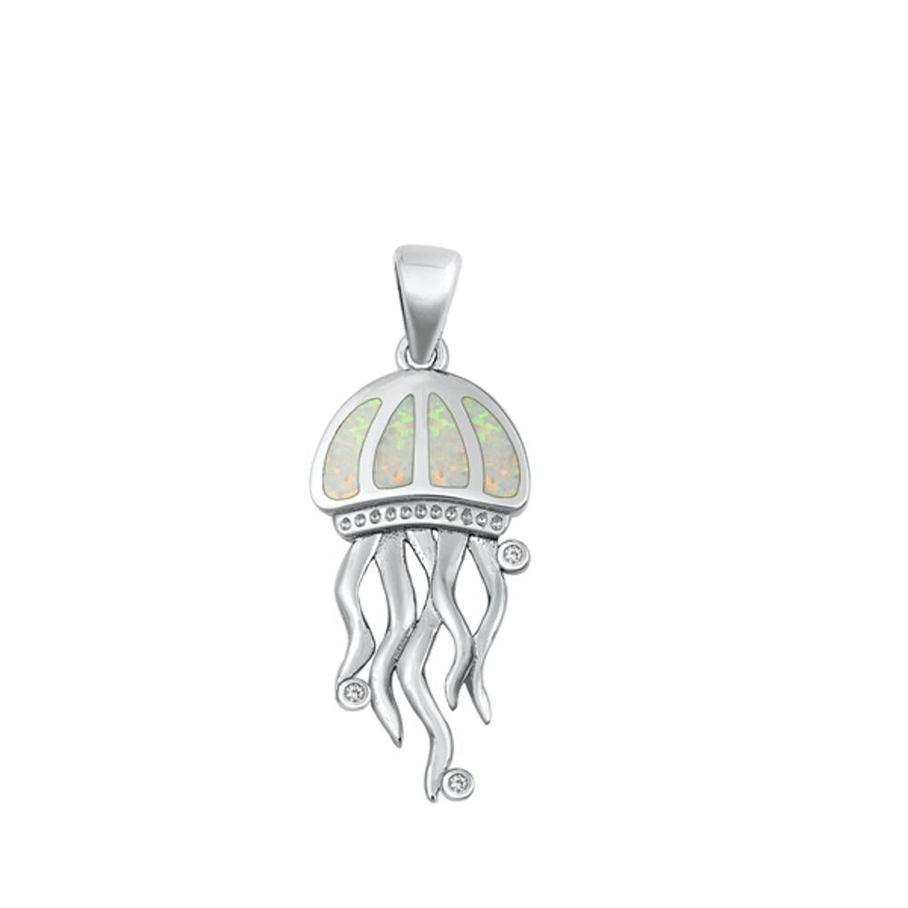 Sterling Silver Cute White Synthetic Opal Jellyfish Pendant Beach Ocean Charm