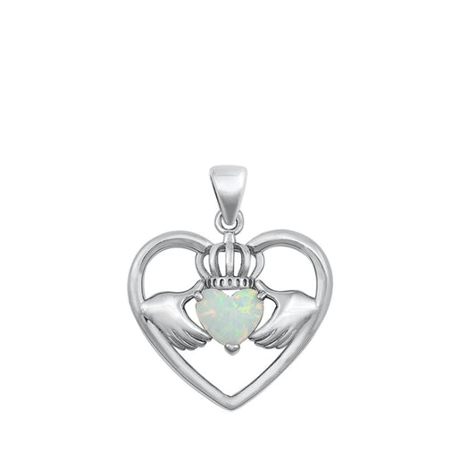 Sterling Silver Classic White Synthetic Opal Heart Claddagh Pendant Love Charm