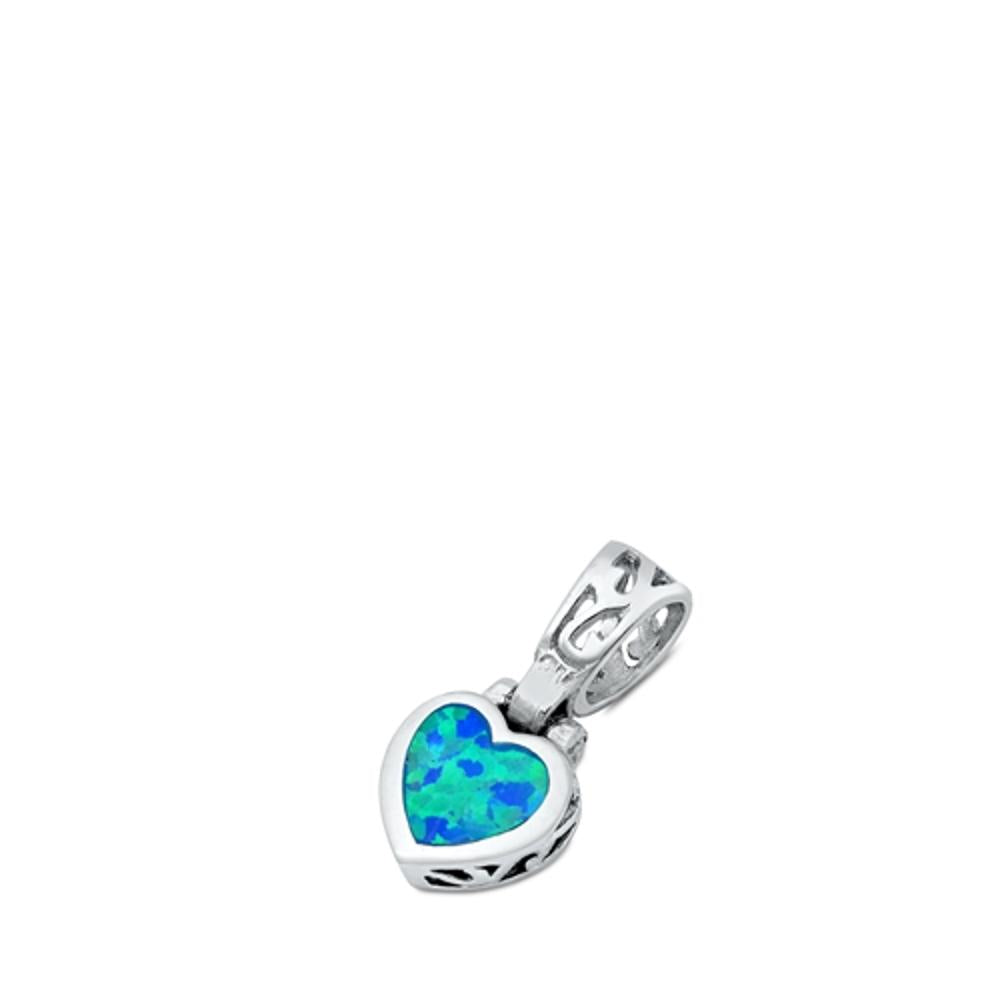 Sterling Silver Cute Blue Synthetic Opal Heart Pendant Minimalist Love Charm 925