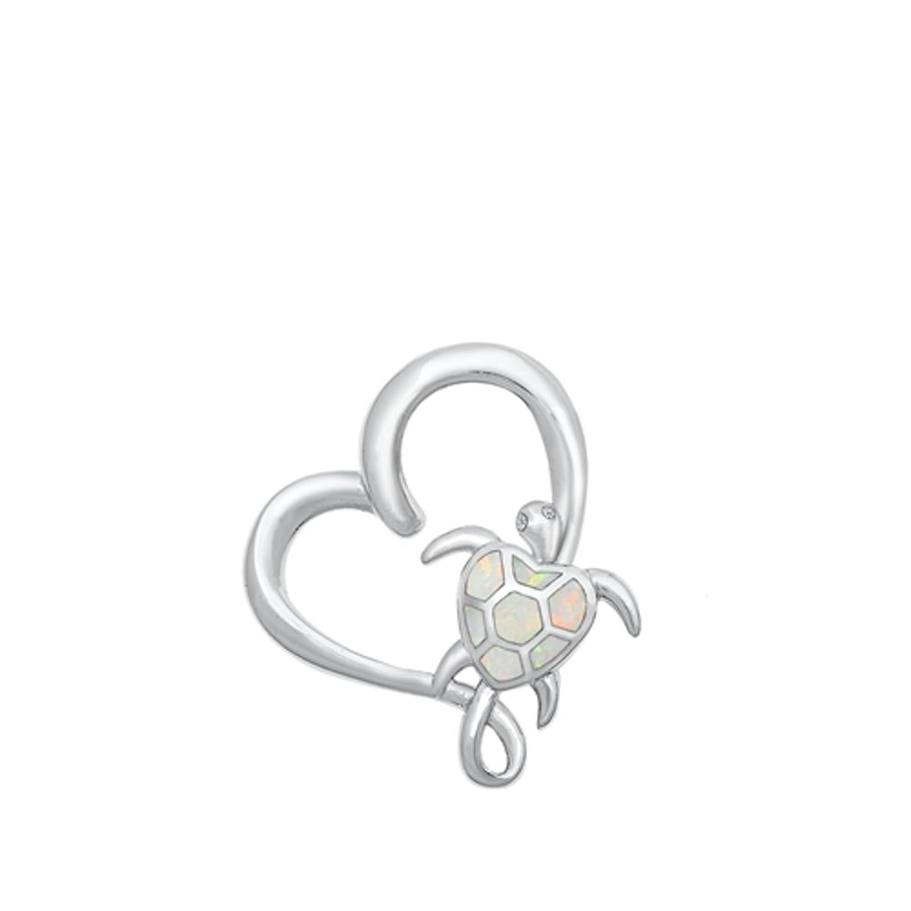Sterling Silver Fashion White Synthetic Opal Heart Turtle Pendant Love Charm 925