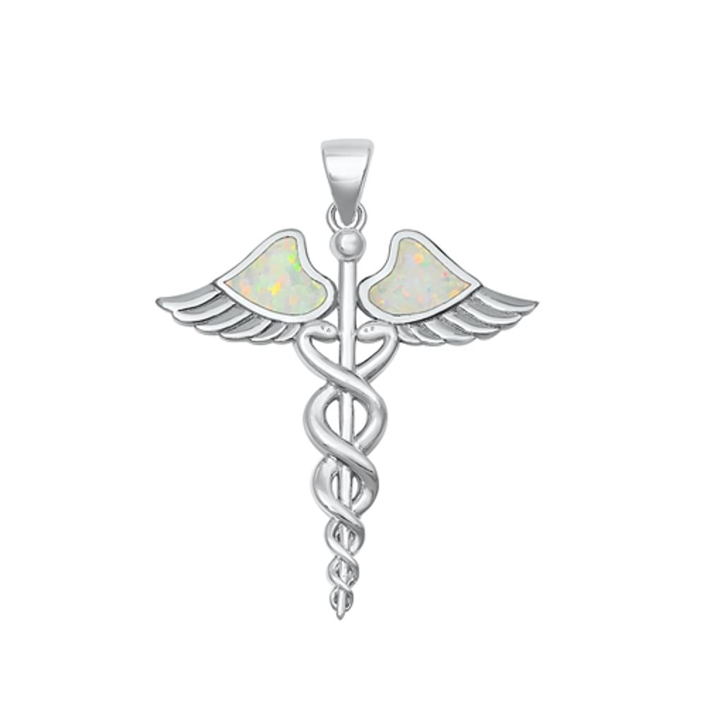 Sterling Silver Unique White Synthetic Opal Caduceus Pendant Doctor Nurse Charm
