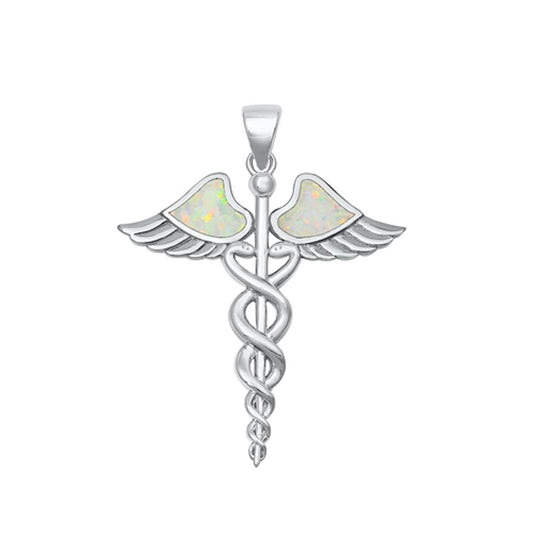 Sterling Silver Unique White Synthetic Opal Caduceus Pendant Doctor Nurse Charm