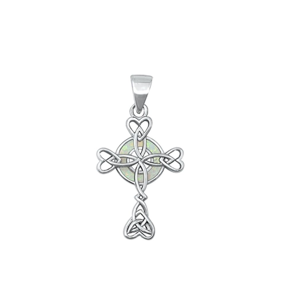 Sterling Silver Polished Celtic Heart Cross White Synthetic Opal Pendant Charm