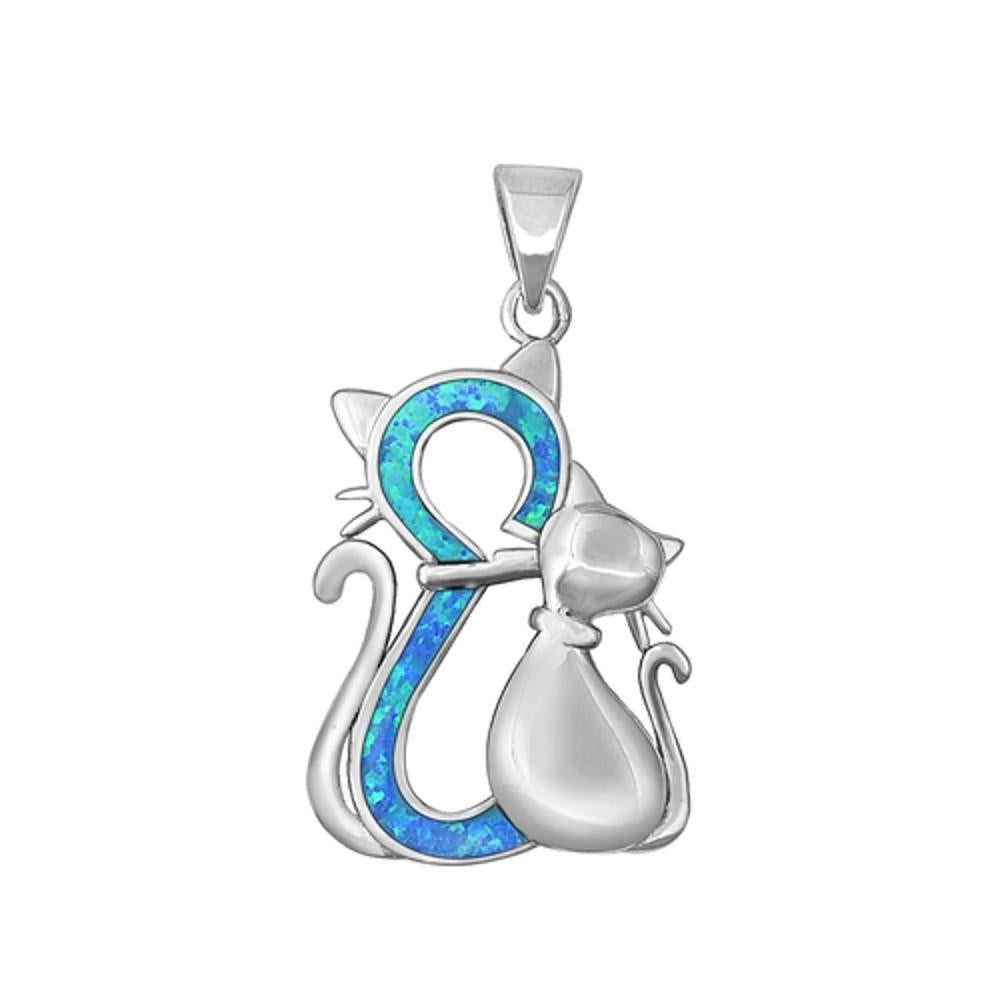 Sterling Silver Beautiful Blue Synthetic Opal Cat Pendant Kitten Charm 925 New