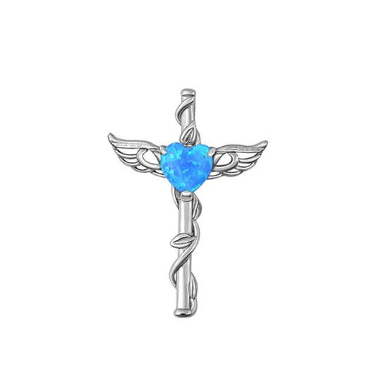 Sterling Silver Cute Heart Cross Angel Wing Blue Synthetic Opal Pendant Charm