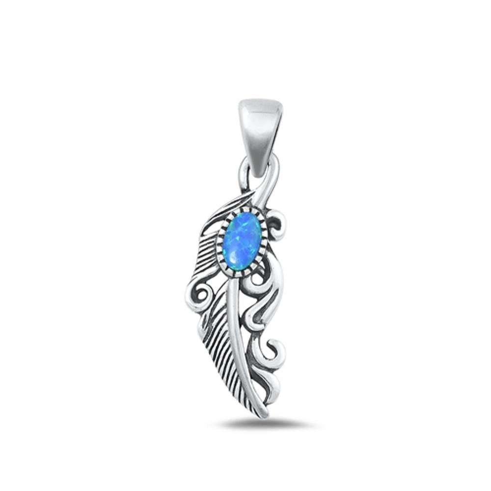 Sterling Silver Oxidized Blue Lab Opal Feather Pendant Polished Charm .925 New