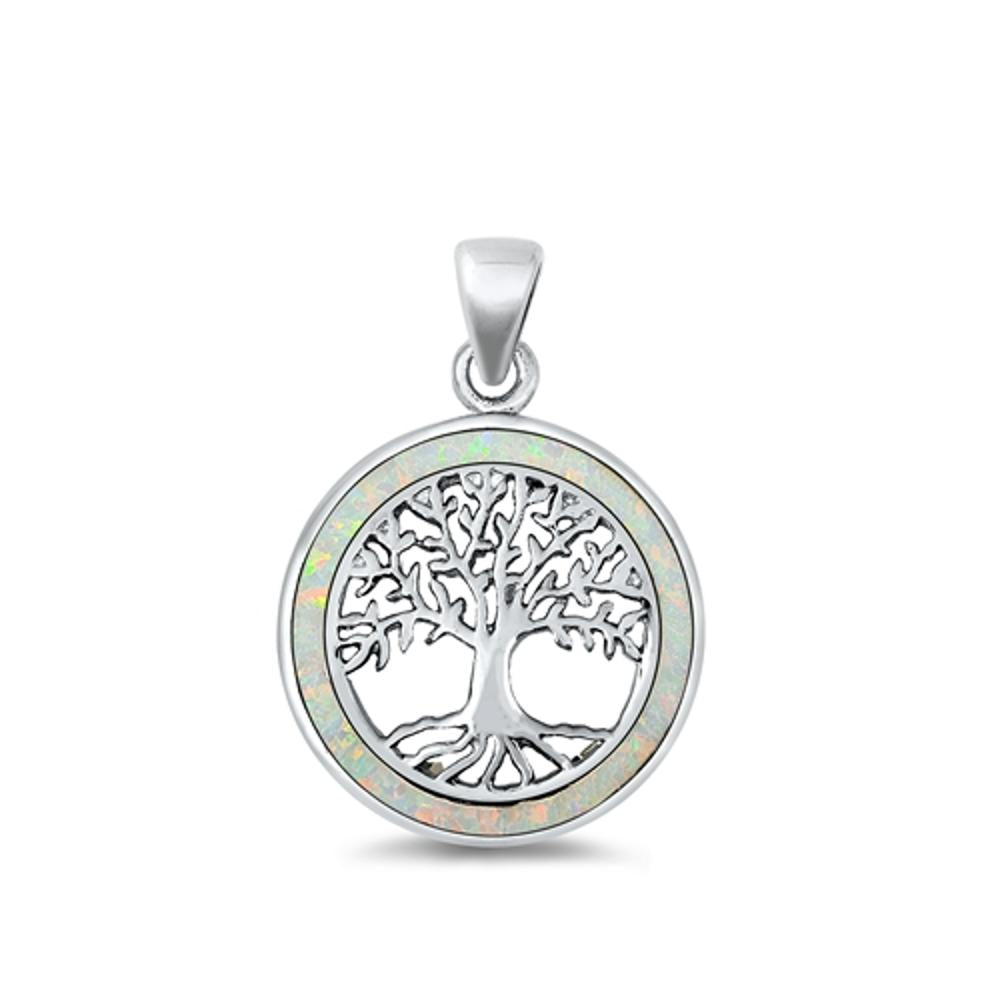 Sterling Silver Polished White Synthetic Opal Tree of Life Pendant Vintage Charm