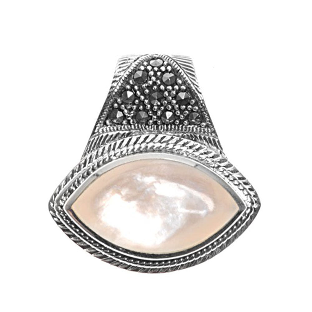 Sterling Silver Ornate Bali Evil Eye Pendant Simulated Mother of Pearl Charm