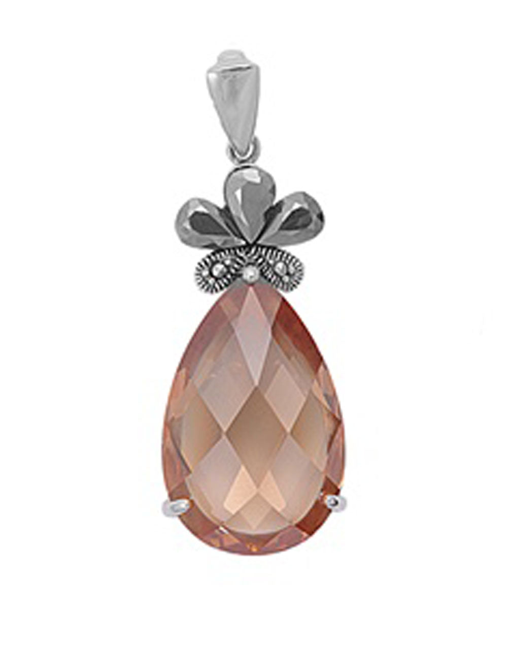 Sterling Silver Classic Flower Teardrop Pendant Champagne Simulated CZ Charm