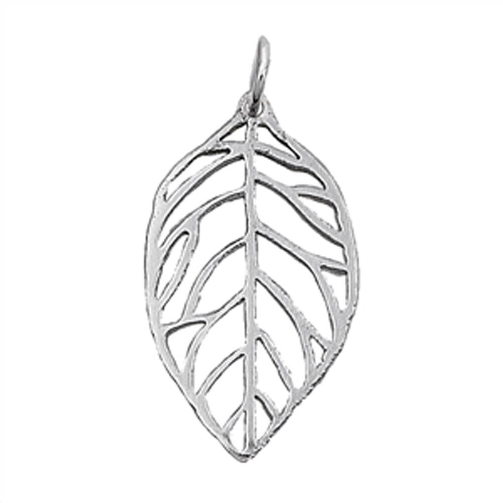 Tree Detailed Cut Out Leaf Pendant .925 Sterling Silver Vein Nature Plant Charm
