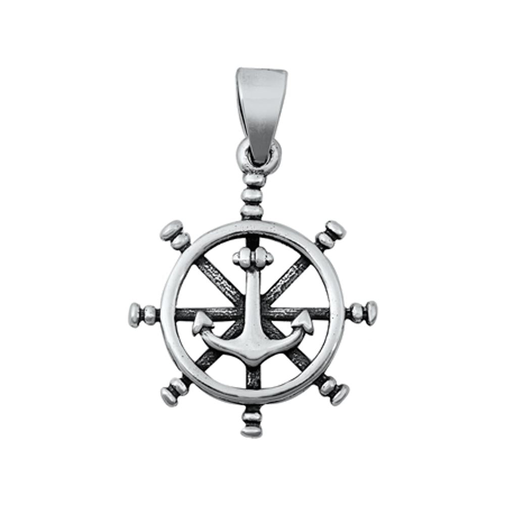 Sterling Silver Captains Wheel Pendant Anchor Sailor Pirate Nautical Charm 925