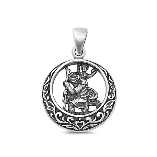 Sterling Silver Beautiful St. Christopher Pendant Oxidized Medallion Charm .925