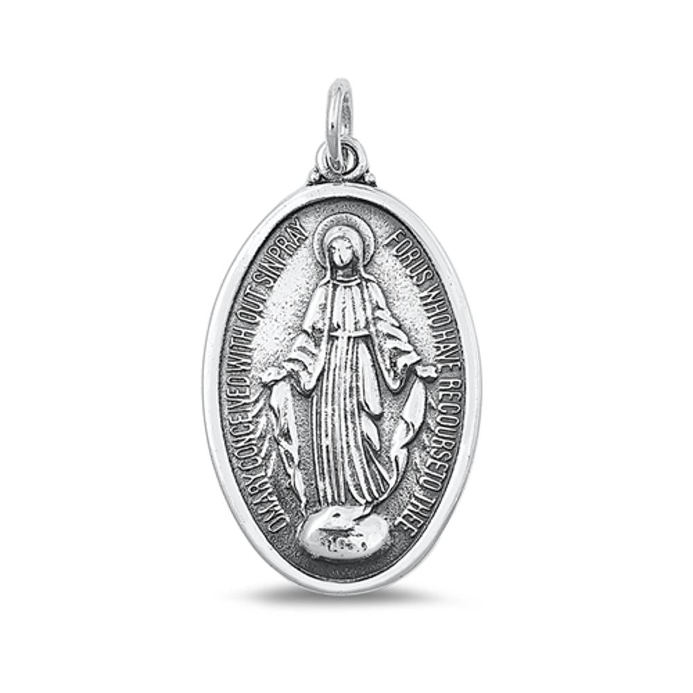 Sterling Silver Oxidized Virgin Mary Medallion Pendant Christian Charm .925 New