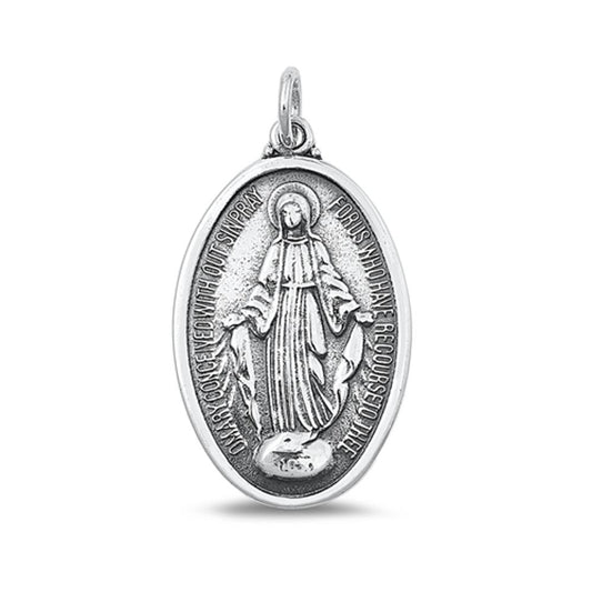 Sterling Silver Oxidized Virgin Mary Medallion Pendant Christian Charm .925 New