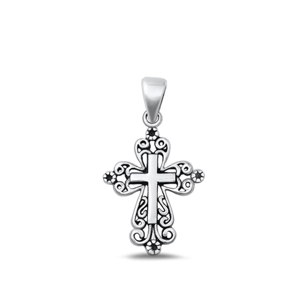Sterling Silver Ornate Oxidized Cross Pendant Oxidized Christian Charm .925 New