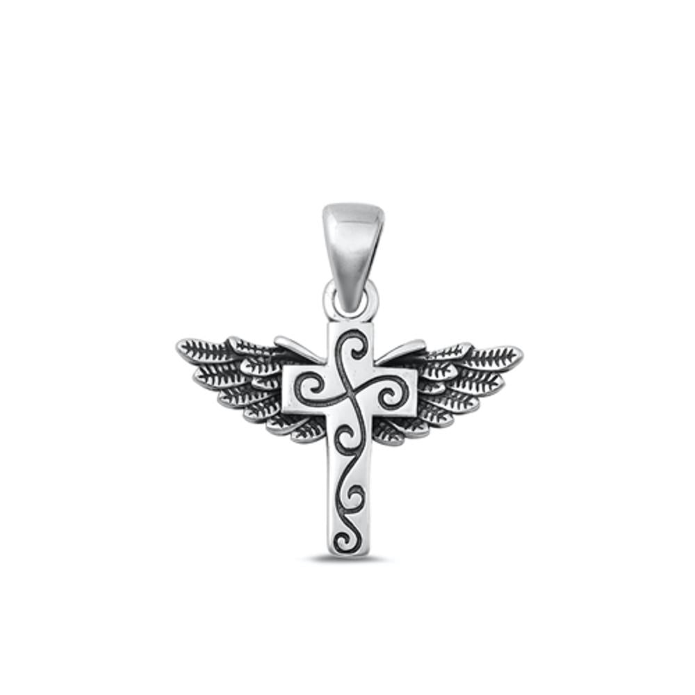 Sterling Silver Fashion Oxidized Cross Swirls with Wings Pendant .925 New