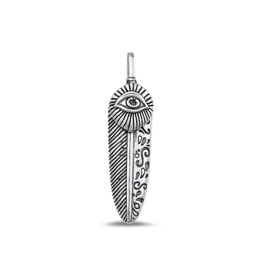 Sterling Silver Oxidized Fashion Feather & Evil Eye Pendant Charm .925 New