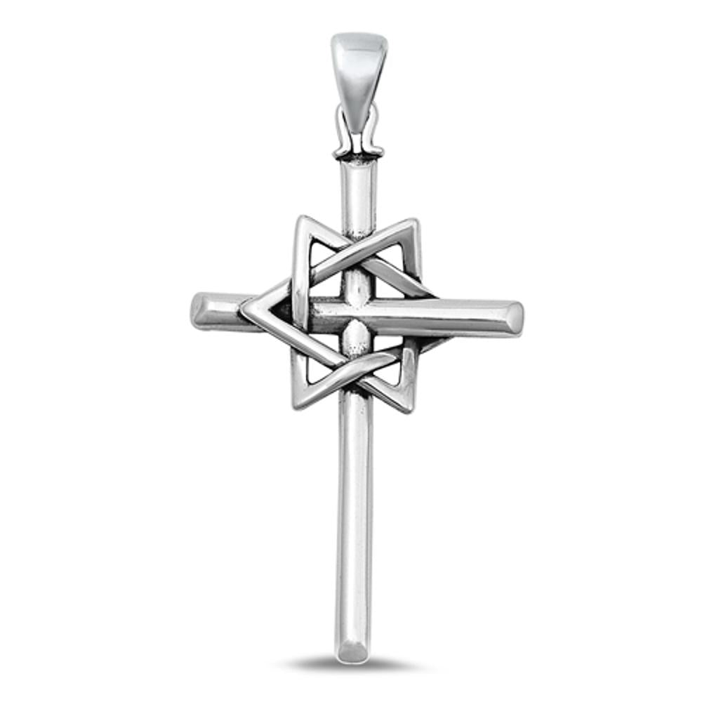Sterling Silver Fashion Oxidized Simple Cross & Star Of David Pendant .925 New