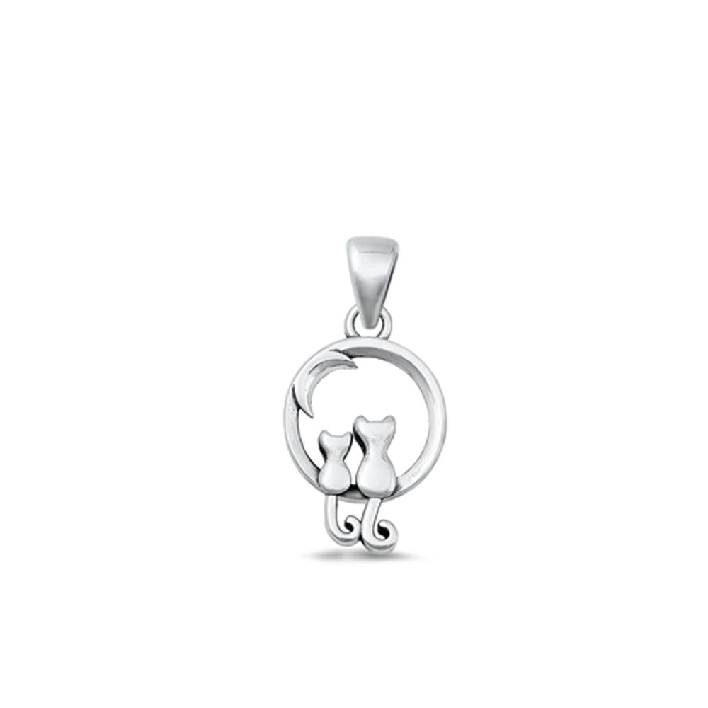 Sterling Silver .925 Beautiful Cats & Moon Pendant High Polished Charm