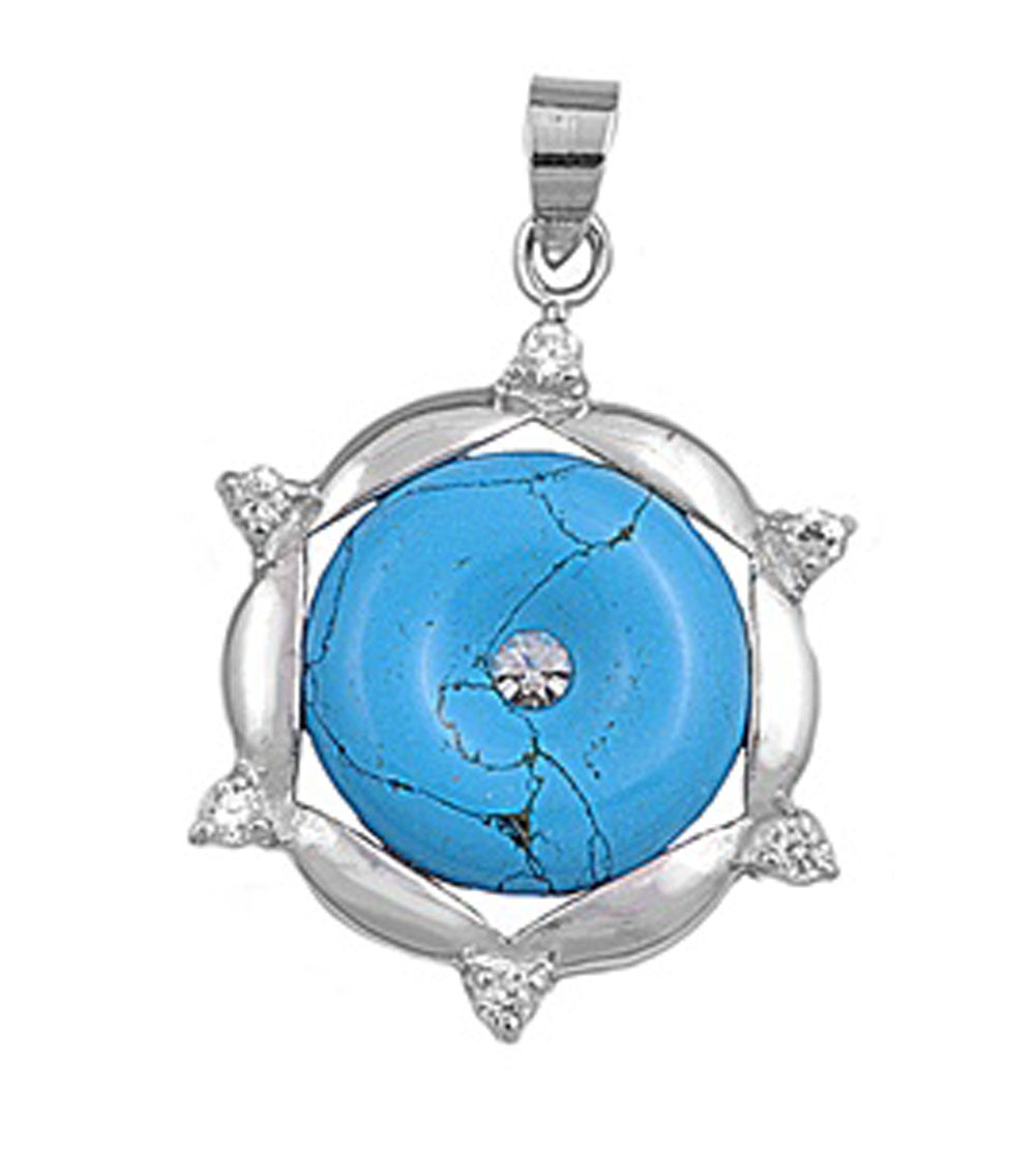 Sterling Silver Unique Turquoise Clear CZ Pendant Sun Burst Elegant Charm 925