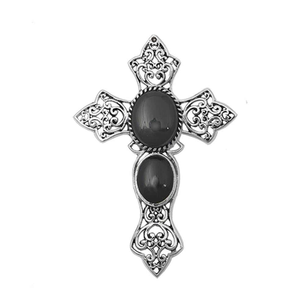 Sterling Silver Unique Black Agate Vintage Filigree Cross Pendant Charm 925 New
