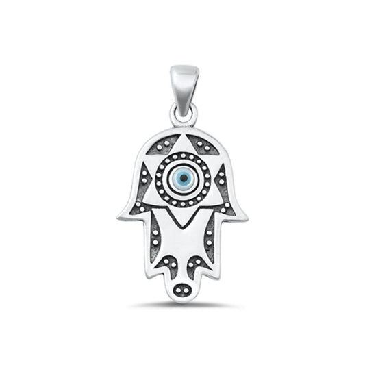 Sterling Silver Classic Hamsa & Evil Eye Pendant High Polished Charm 925 New