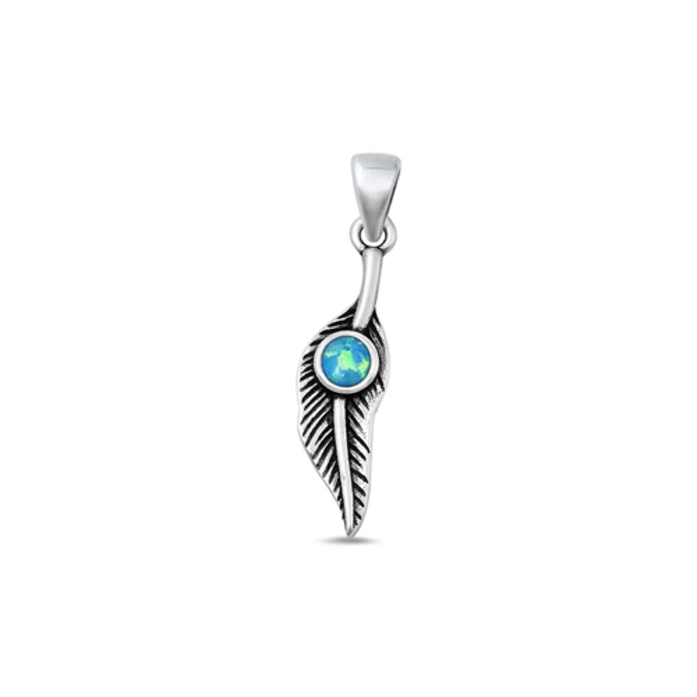 Sterling Silver Cute Blue Synthetic Opal Feather Pendant Polished Charm .925 New