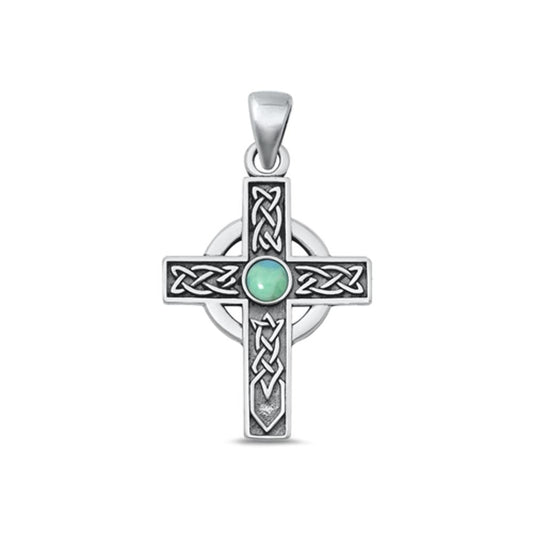 Sterling Silver Fashion Turquoise Celtic Cross Pendant Oxidized Charm .925 New