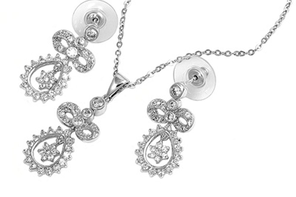 Ribbon Teardrop Earrings Clear Simulated CZ .925 Sterling Silver Pendant Set