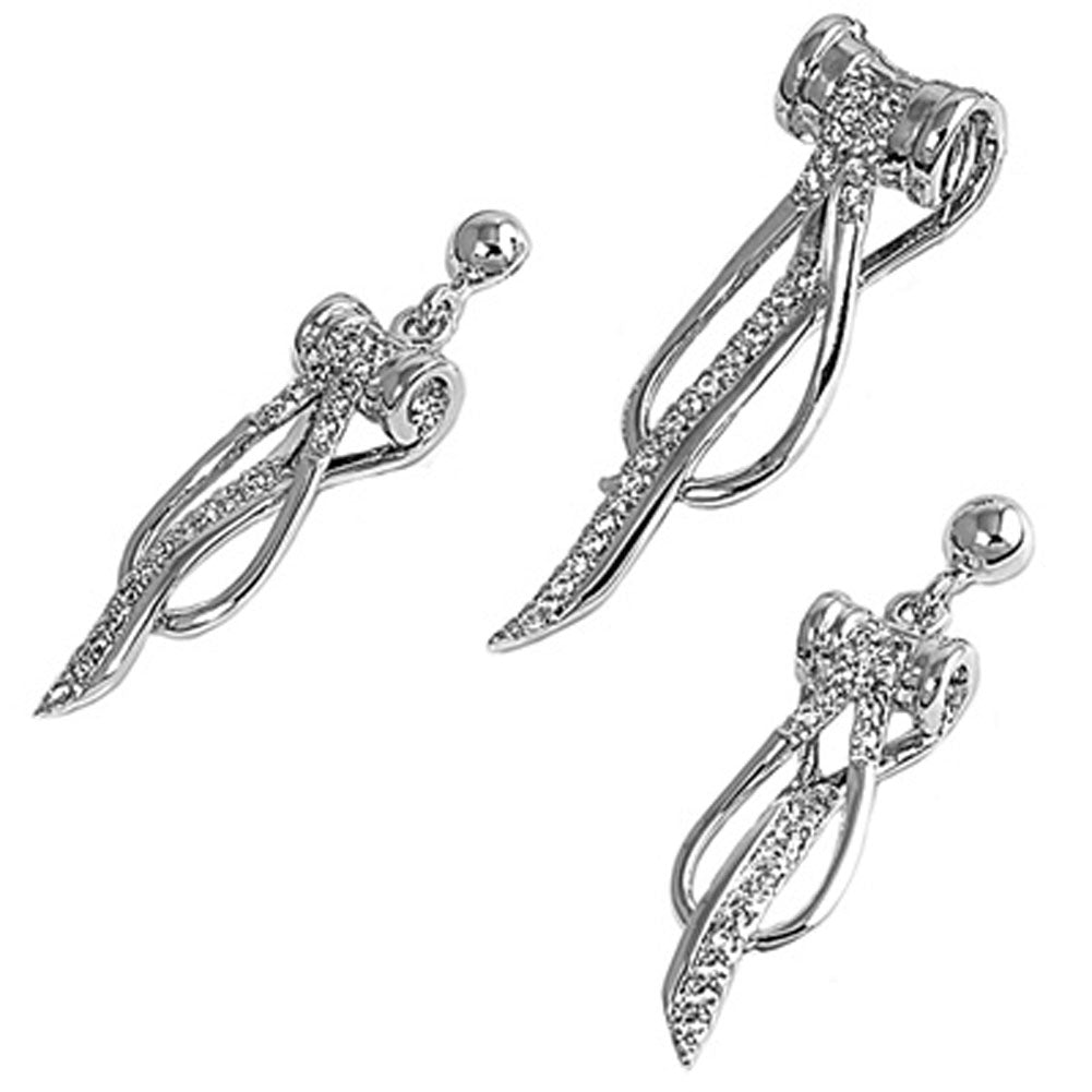 Sterling Silver Elegant Vintage High Polished Earrings Clear CZ Pendant Set