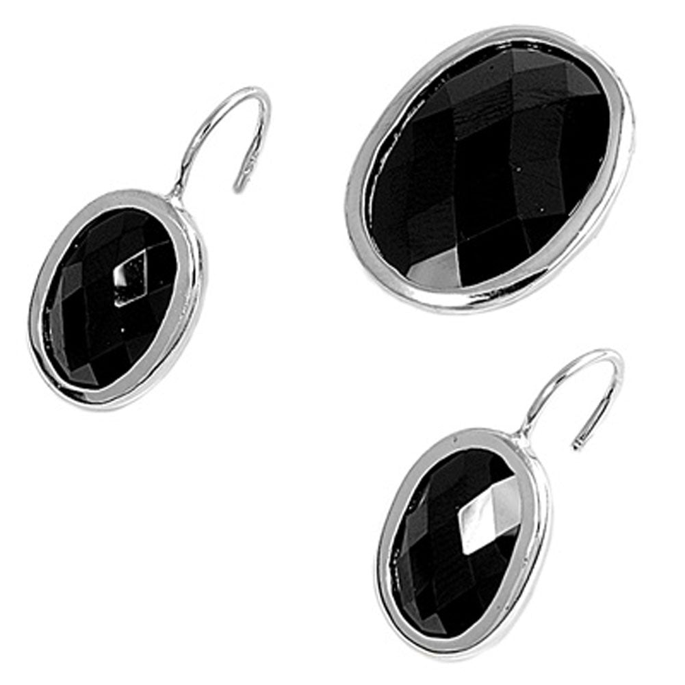 Oval Earrings Black Simulated CZ .925 Sterling Silver Pendant Set