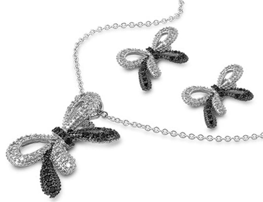 Ribbon Earrings Black Simulated CZ Clear Simulated CZ .925 Sterling Silver Pendant Set