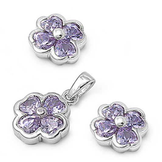 Heart Clover Earrings Simulated Lavender .925 Sterling Silver Pendant Set